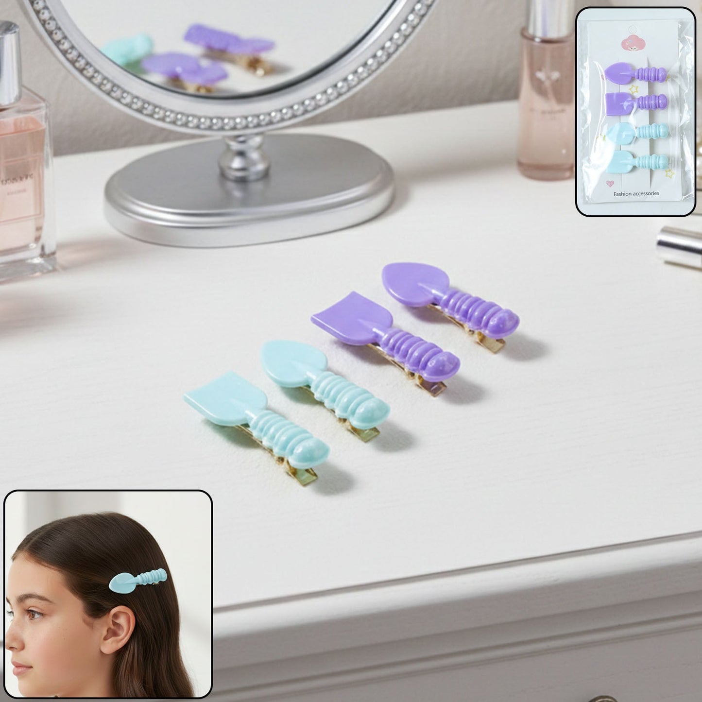 Cute Spoon & Spatula Shape Decorative Hair Clip Set (4 Pc)